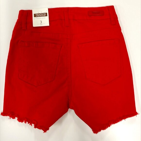 Track 23 Red Distressed Fashion Denim SuperStretch Shorts, Size 3, 9.5" Mid Rise - Picture 2 of 4